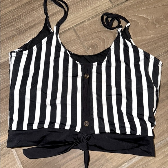 Coral Reef Traveler Tankini Top Black/White Stripe Faux Buttons, Tie Front M - Picture 7 of 12